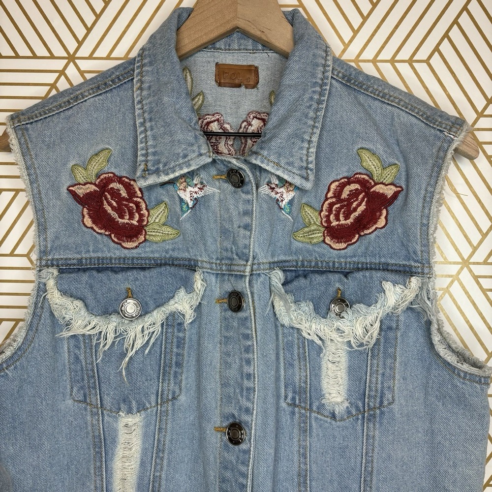 POL Oversized Denim Vest Embroidered Light Blue Small Distressed Boho Whimsy